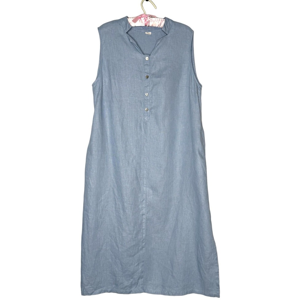 Lintico 100% Linen XL Sleeveless Henley Midi Dress Blue Minimalist Lagenlook